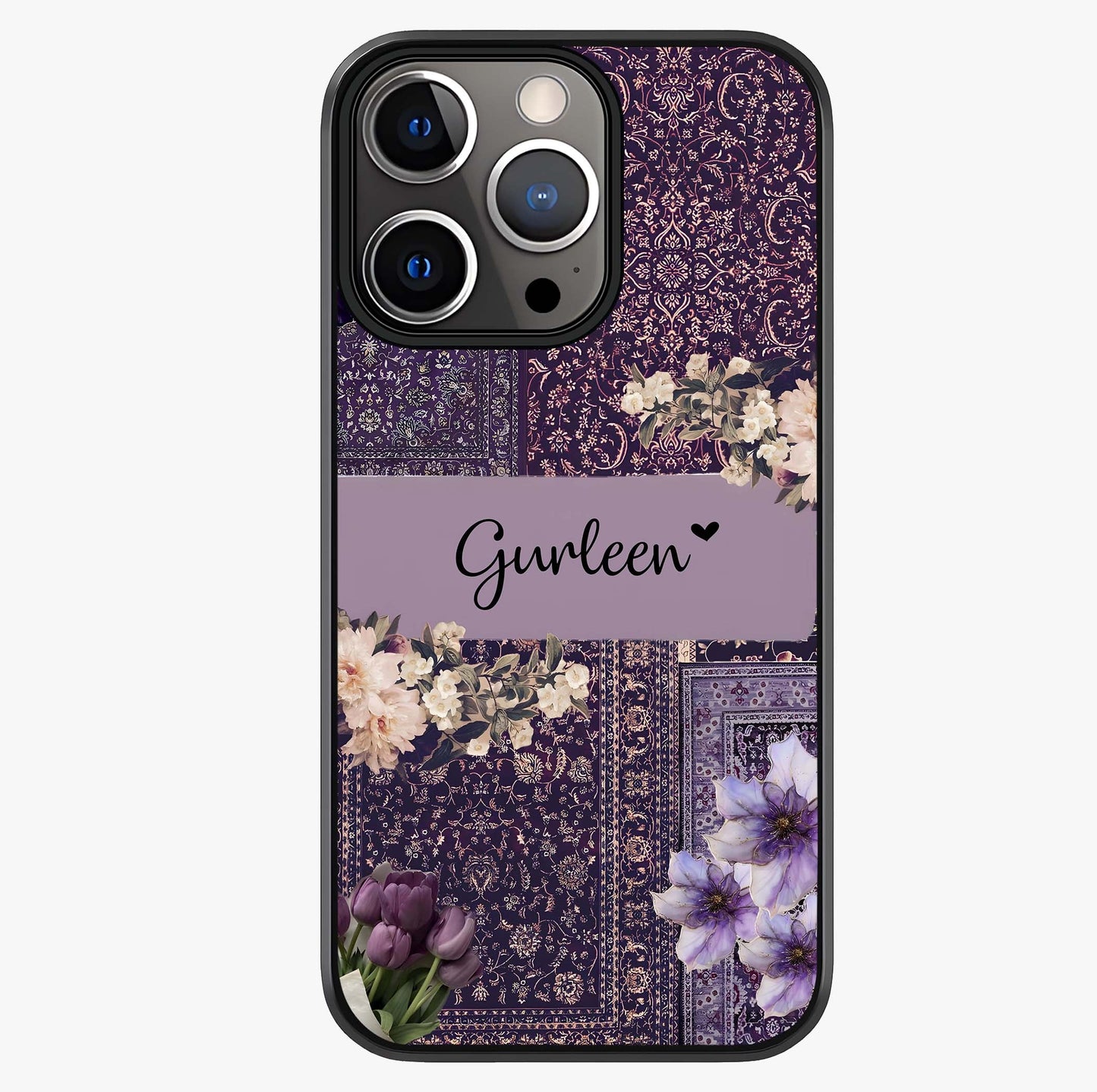 Antique Floral Whisper Custom Name Glass Case showing full back design in clean flat view with glossy glass finish.