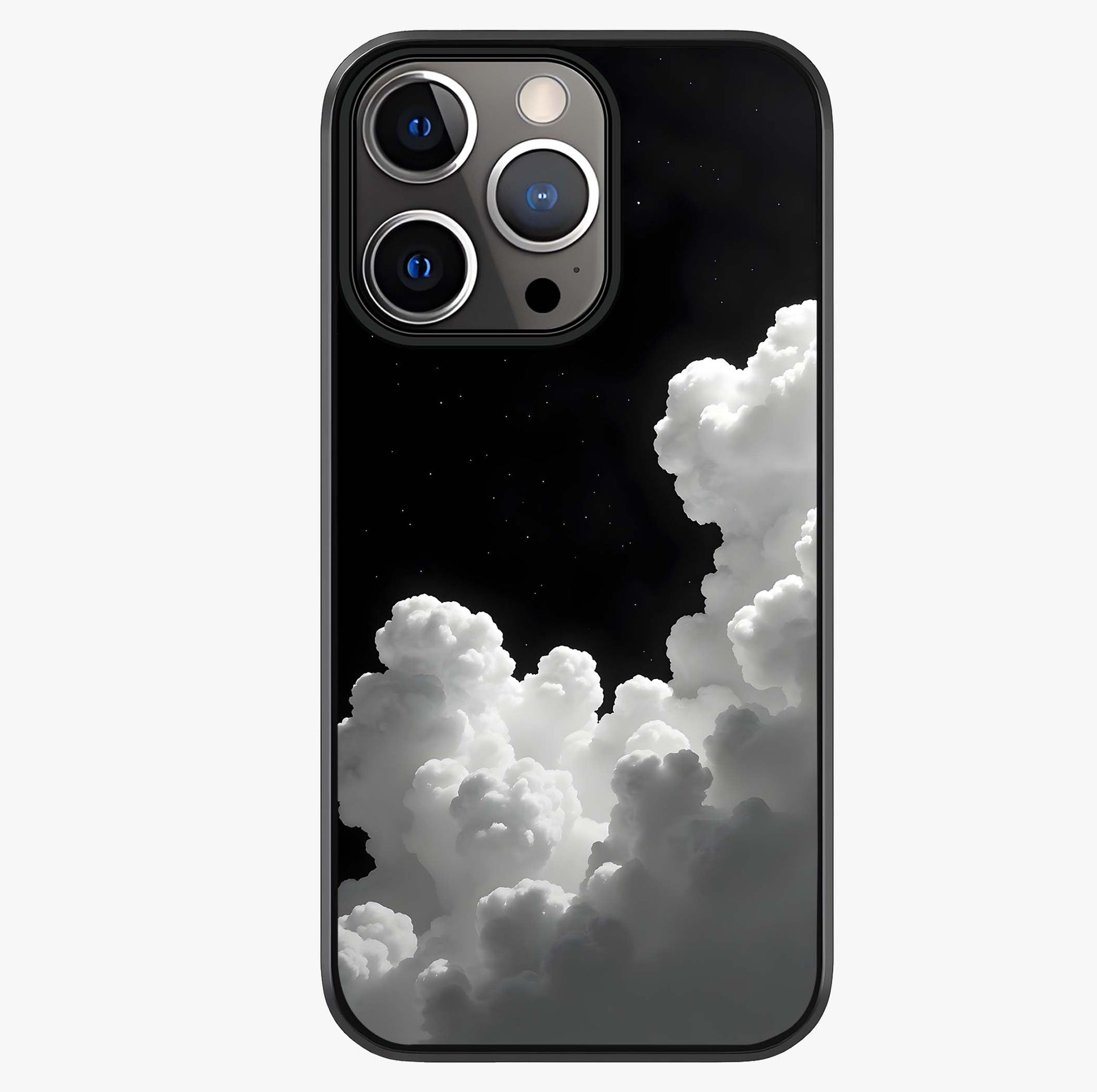 Black Background With White Cloud Glass Case showing full back design in clean flat view with glossy glass finish.
