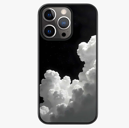 Black Background With White Cloud Glass Case showing full back design in clean flat view with glossy glass finish.