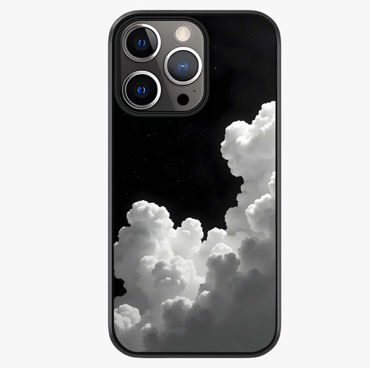 Black Background With White Cloud Glass Case showing full back design in clean flat view with glossy glass finish.