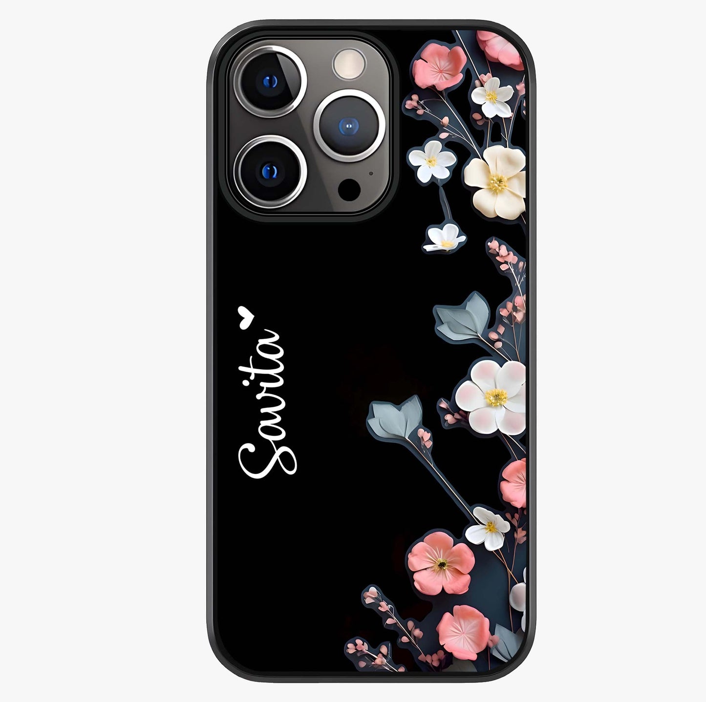 Black Elegance Floral Custom Name Glass Case showing full back design in clean flat view with glossy glass finish.