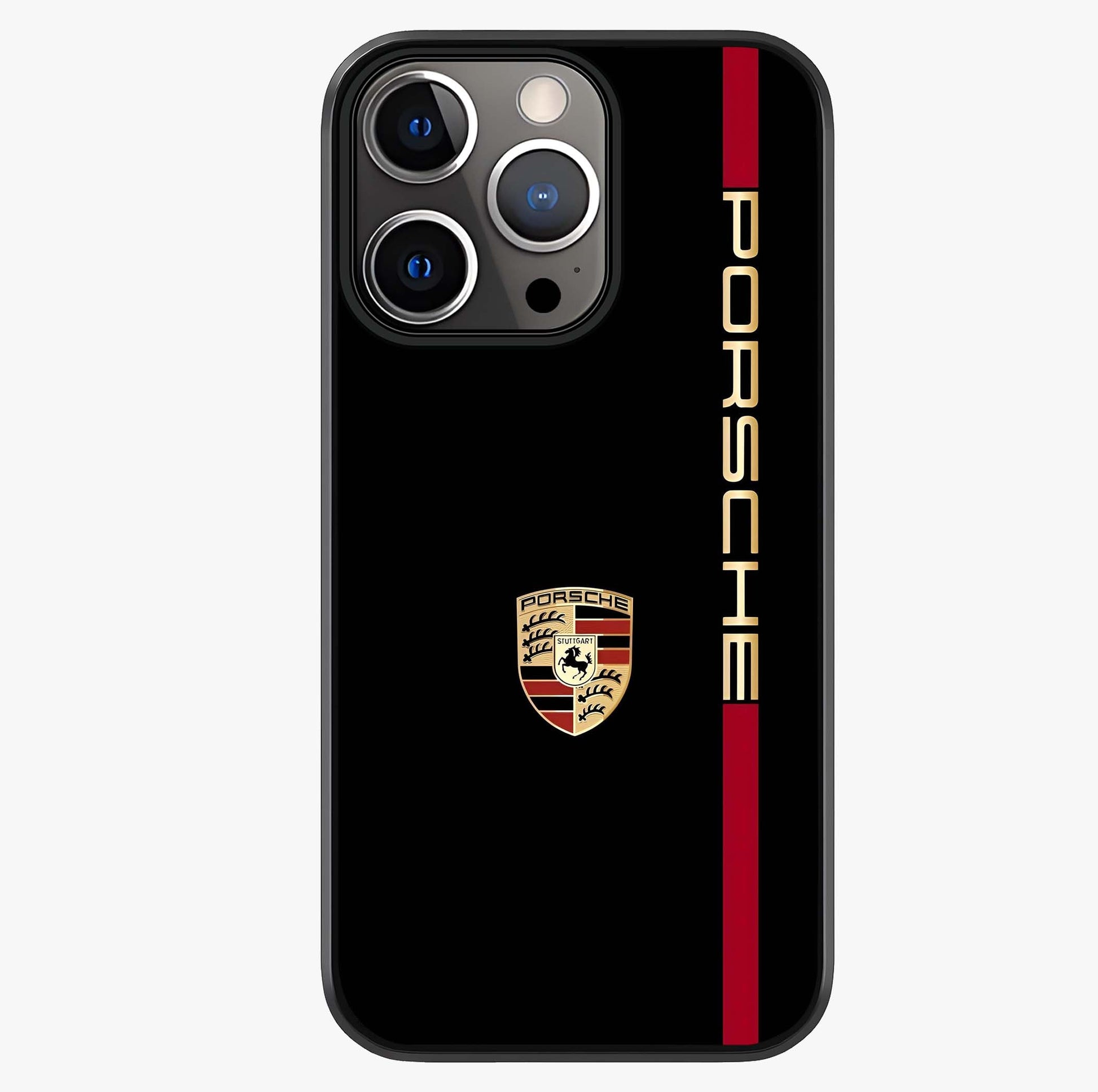 Black Minimal Porsche Glass Case showing full back design in clean flat view with glossy glass finish.