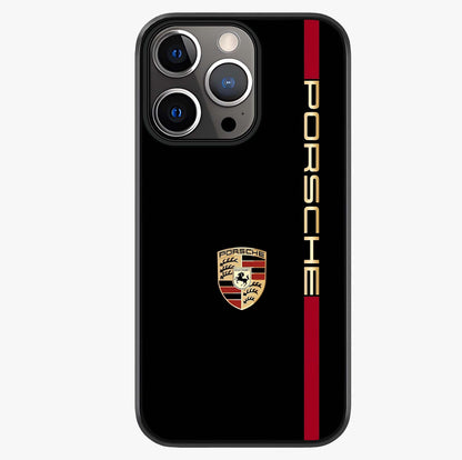Black Minimal Porsche Glass Case showing full back design in clean flat view with glossy glass finish.