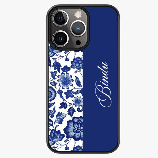 Blue Vintage Floral Pattern Glass Case showing full back design in clean flat view with glossy glass finish.