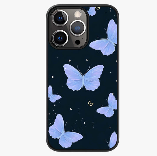 Butterfly With Stars Pattern Glass Case showing full back design in clean flat view with glossy glass finish.