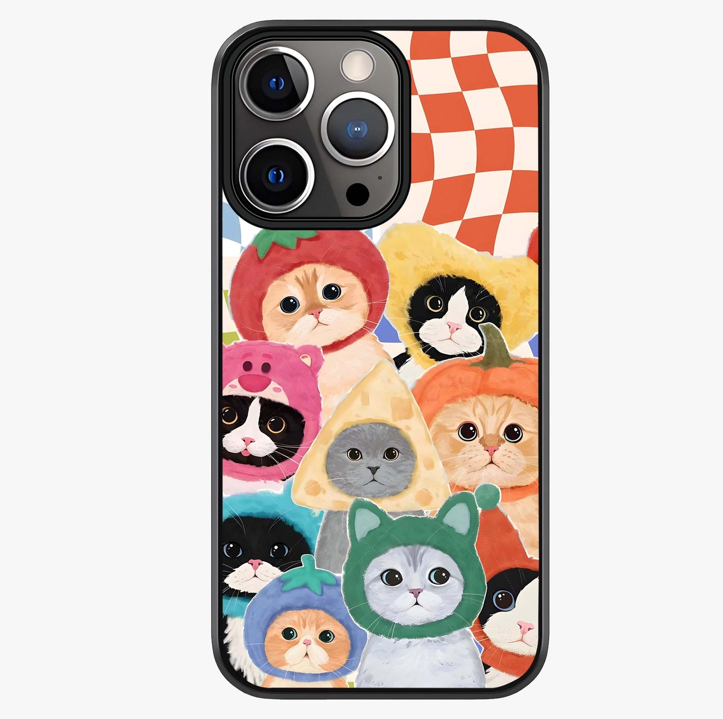 Cats In Fruits Glass Case showing full back design in clean flat view with glossy glass finish.