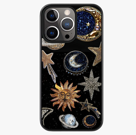 Celestial Gem Constellations Glass Case showing full back design in clean flat view with glossy glass finish.