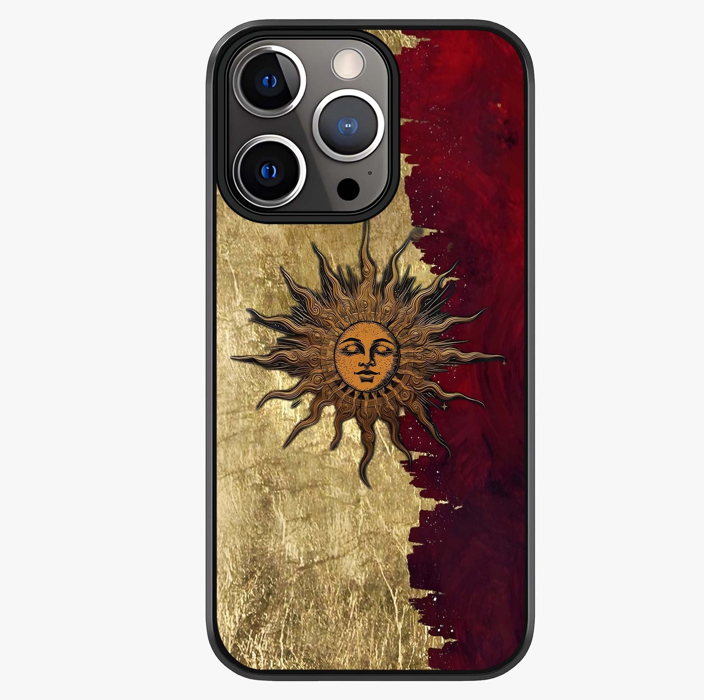 Crimson Sun Majesty Glass Case showing full back design in clean flat view with glossy glass finish.