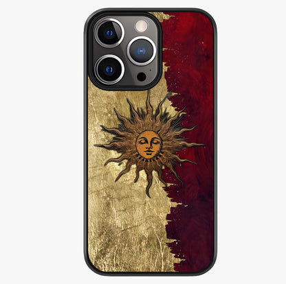 Crimson Sun Majesty Glass Case showing full back design in clean flat view with glossy glass finish.