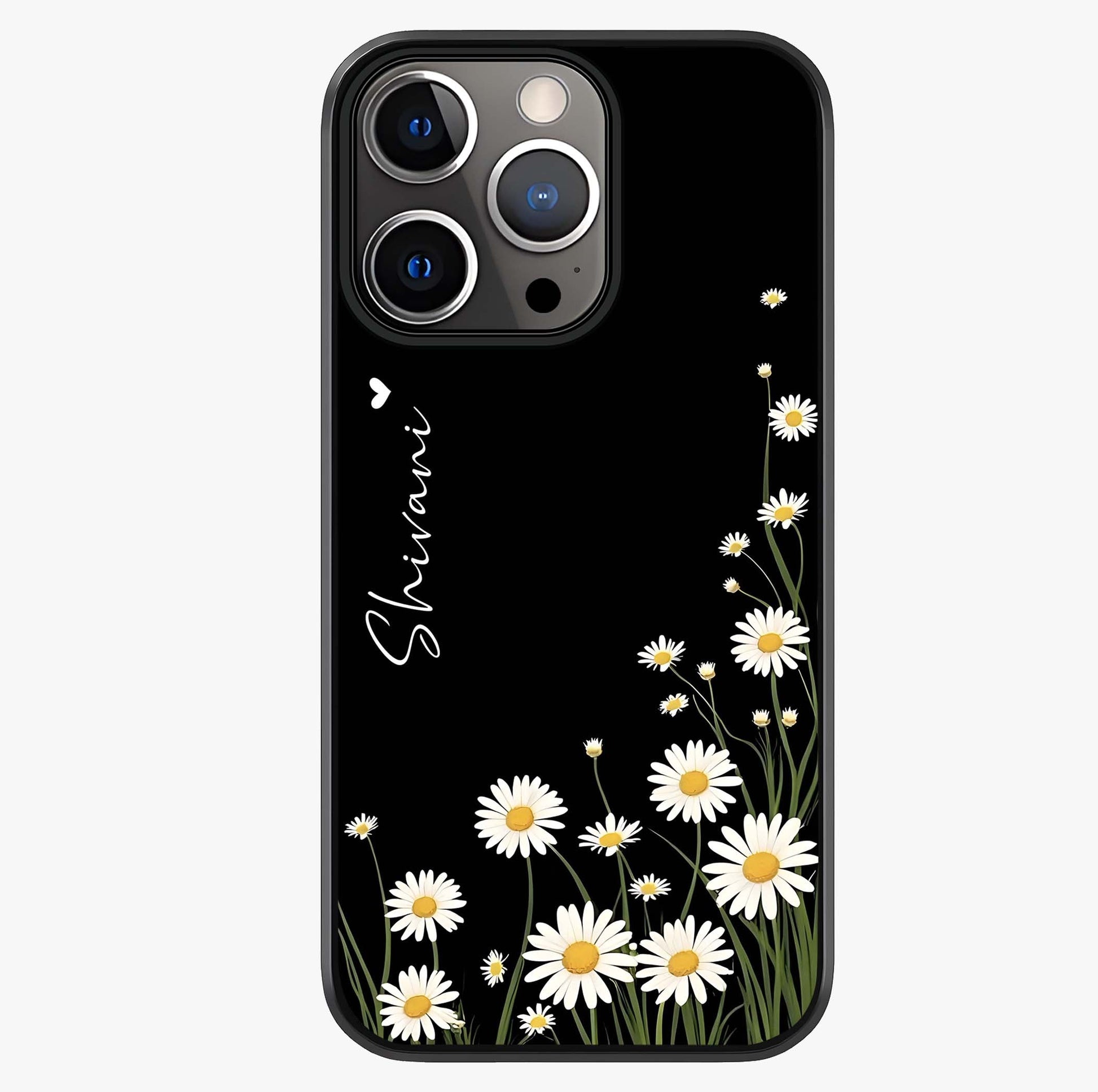 Daisy Cascade Custom Name Glass Case showing full back design in clean flat view with glossy glass finish.
