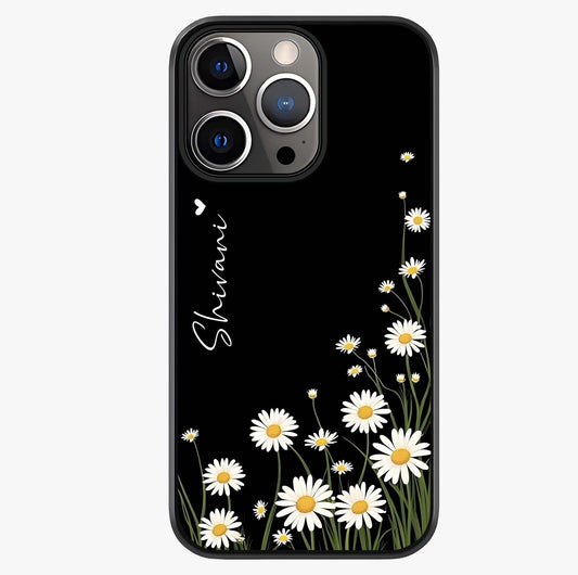 Daisy Cascade Custom Name Glass Case showing full back design in clean flat view with glossy glass finish.
