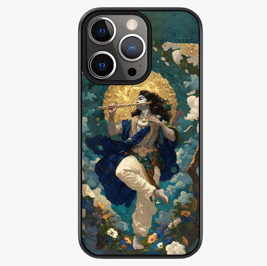 Divine Krishna Art Glass Case showing full back design in clean flat view with glossy glass finish.