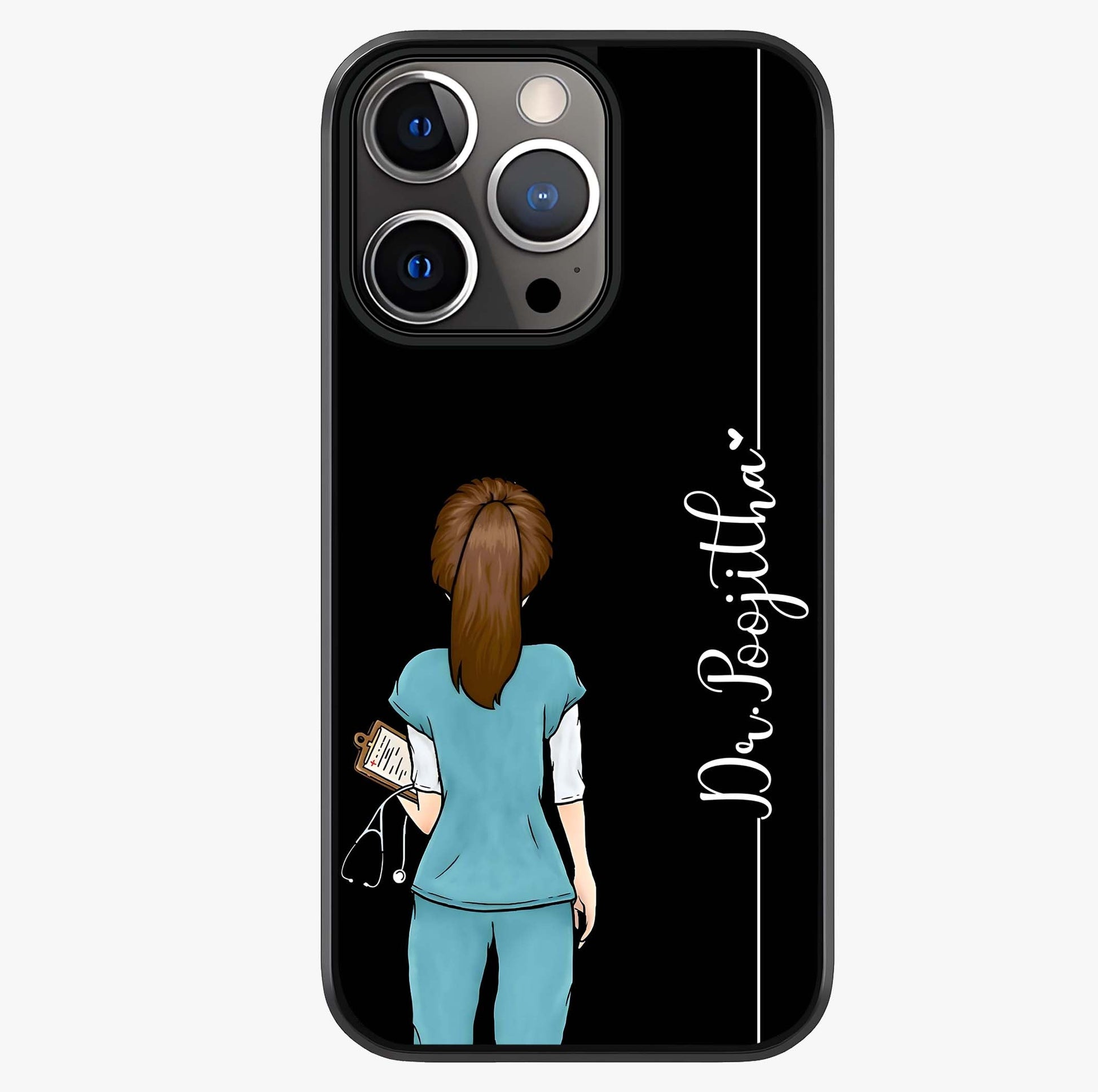 Doctor Pattern Custom Name Glass Case showing full back design in clean flat view with glossy glass finish.