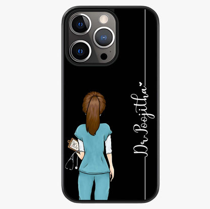 Doctor Pattern Custom Name Glass Case showing full back design in clean flat view with glossy glass finish.