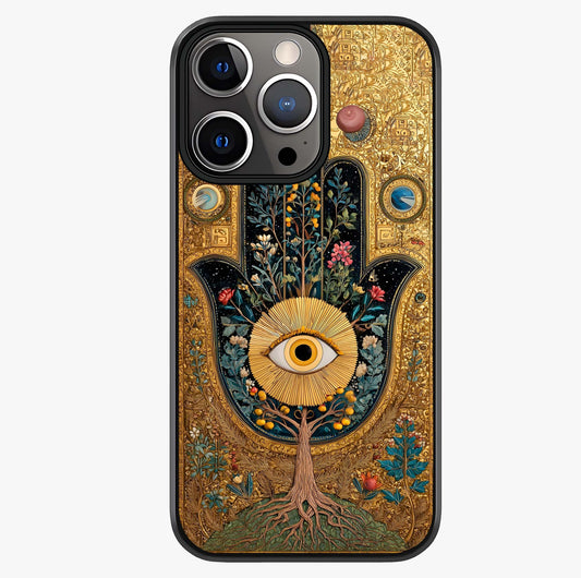 Ethereal Evil Eye Glass Case showing full back design in clean flat view with glossy glass finish.