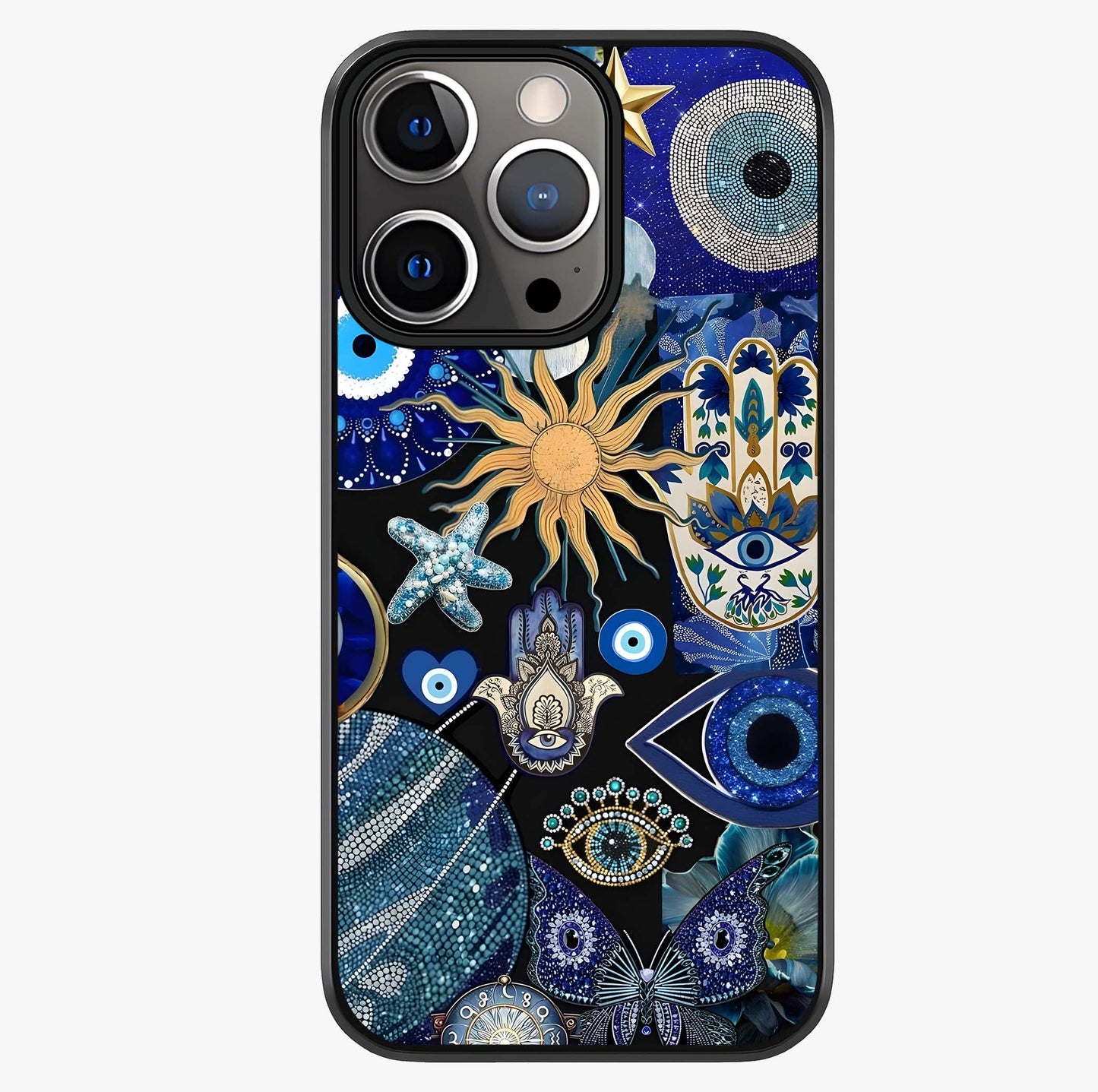 Evil Eye Charm Mix Glass Case showing full back design in clean flat view with glossy glass finish.