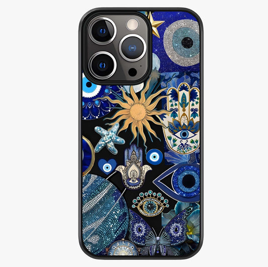 Evil Eye Charm Mix Glass Case showing full back design in clean flat view with glossy glass finish.