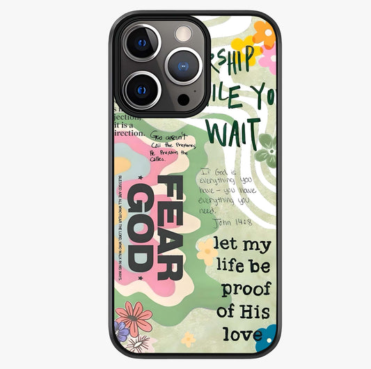 Faith Over Fear Glass Case showing full back design in clean flat view with glossy glass finish.