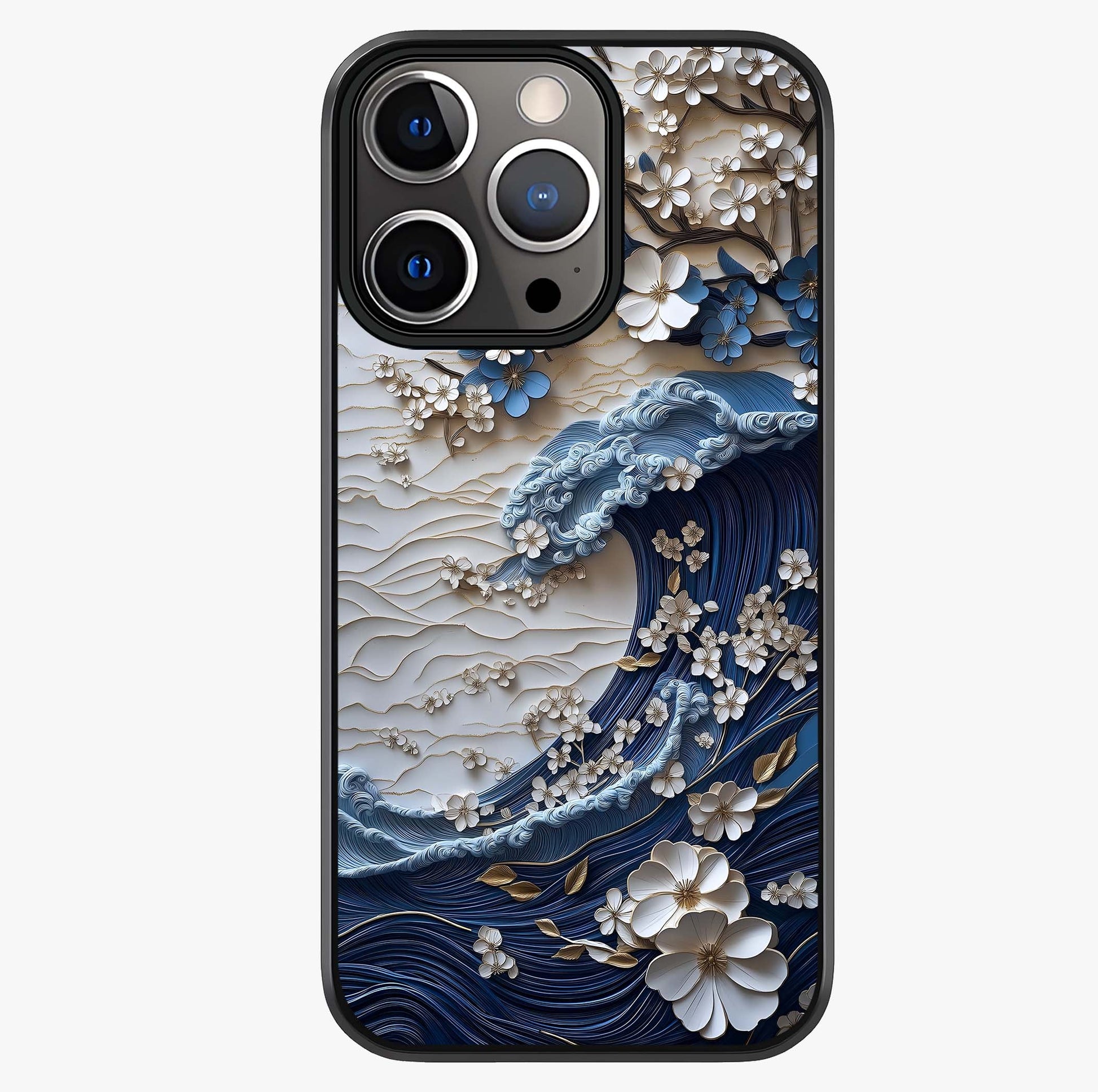 Floral Wave Origami Glass Case showing full back design in clean flat view with glossy glass finish.