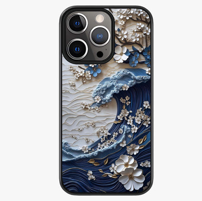 Floral Wave Origami Glass Case showing full back design in clean flat view with glossy glass finish.