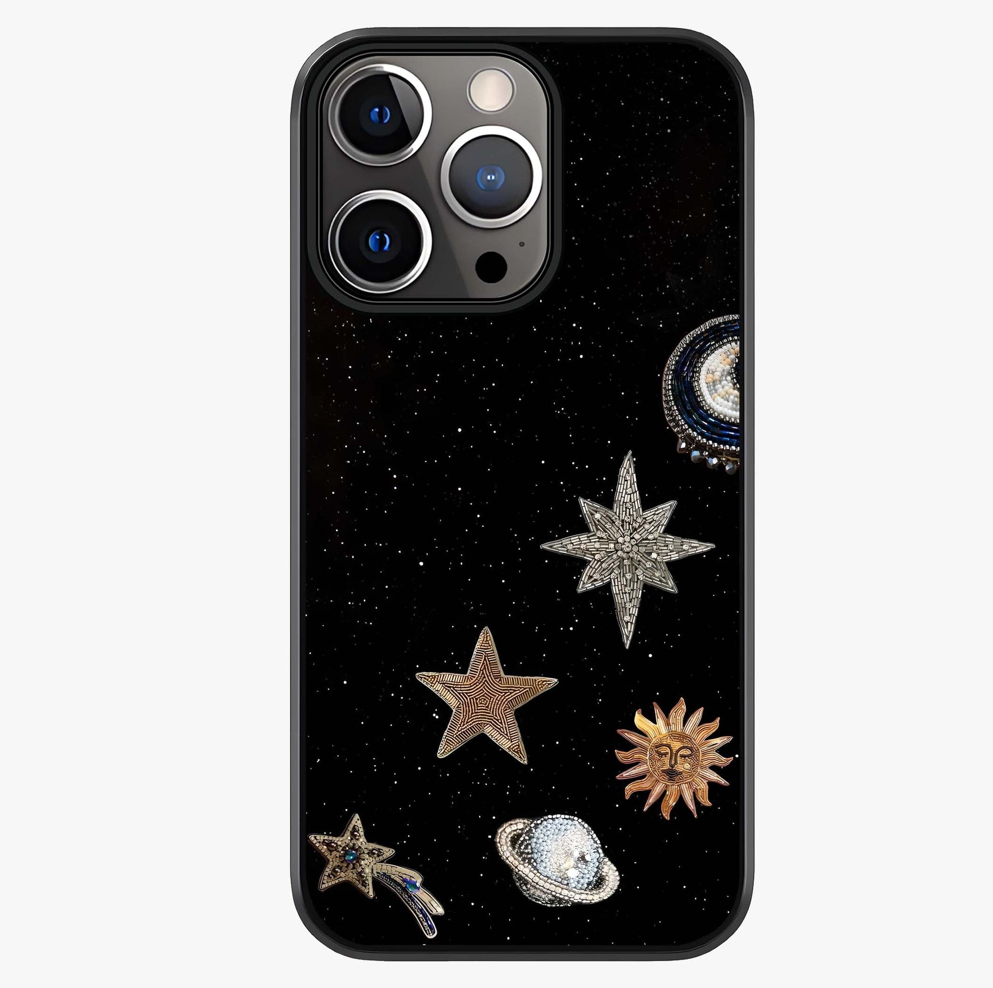 Galactic Charm Glow Glass Case showing full back design in clean flat view with glossy glass finish.