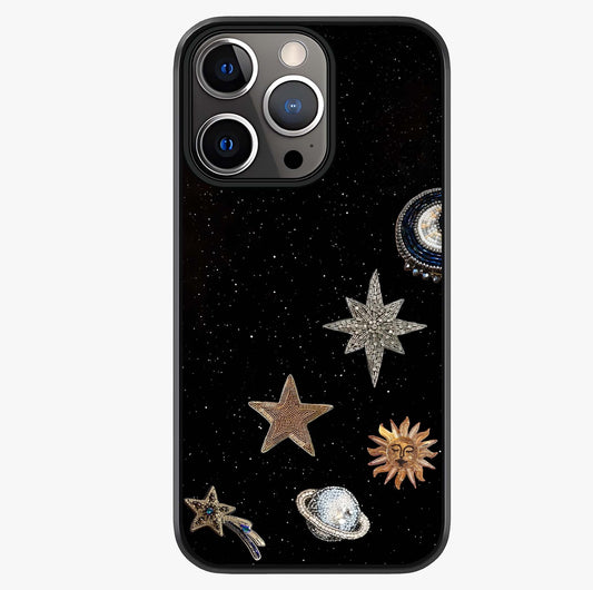 Galactic Charm Glow Glass Case showing full back design in clean flat view with glossy glass finish.