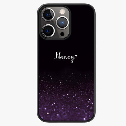 Glittery Purple Bokeh Custom Name Glass Case showing full back design in clean flat view with glossy glass finish.