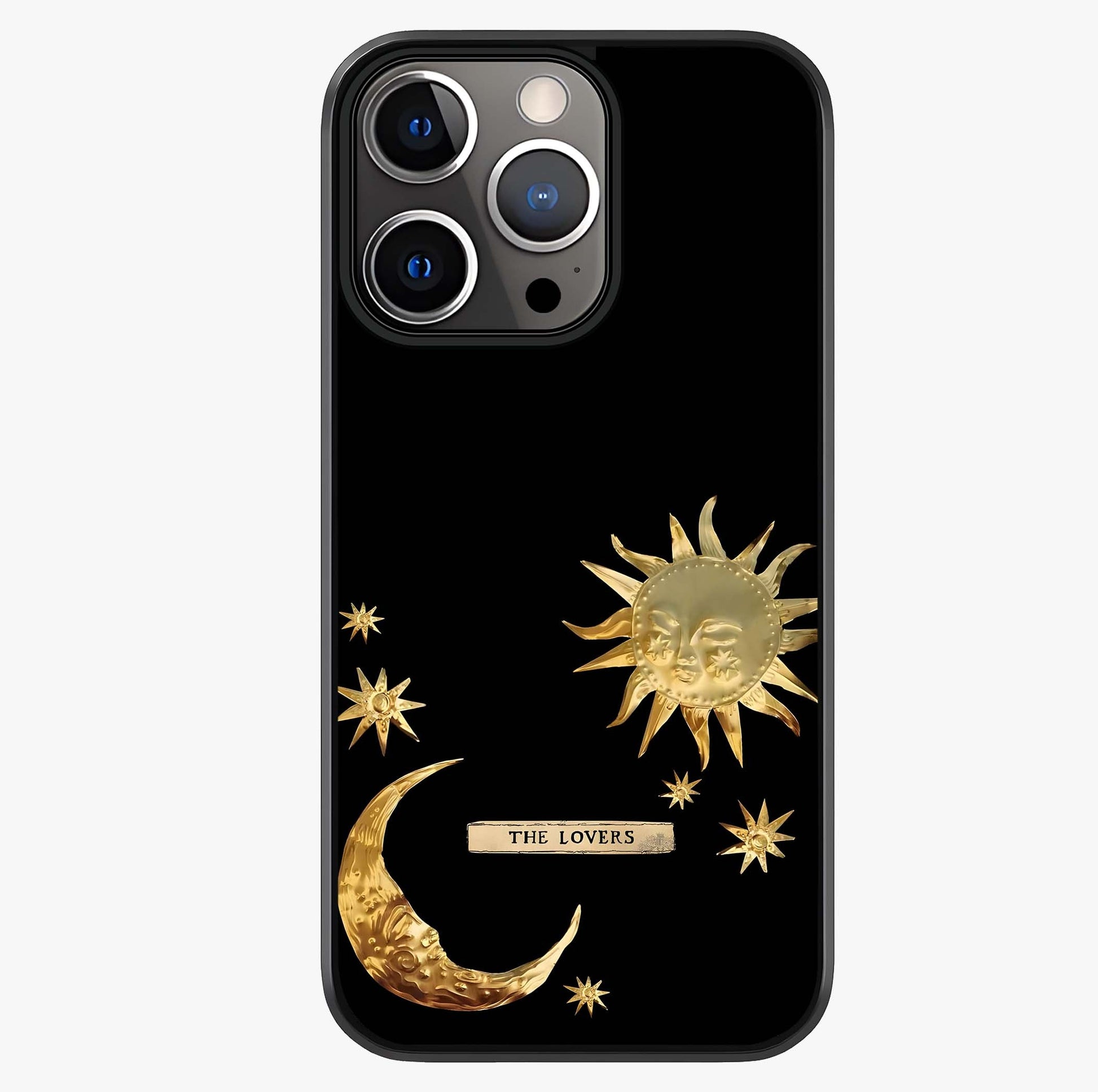 Golden Celestial Charm Glass Case showing full back design in clean flat view with glossy glass finish.
