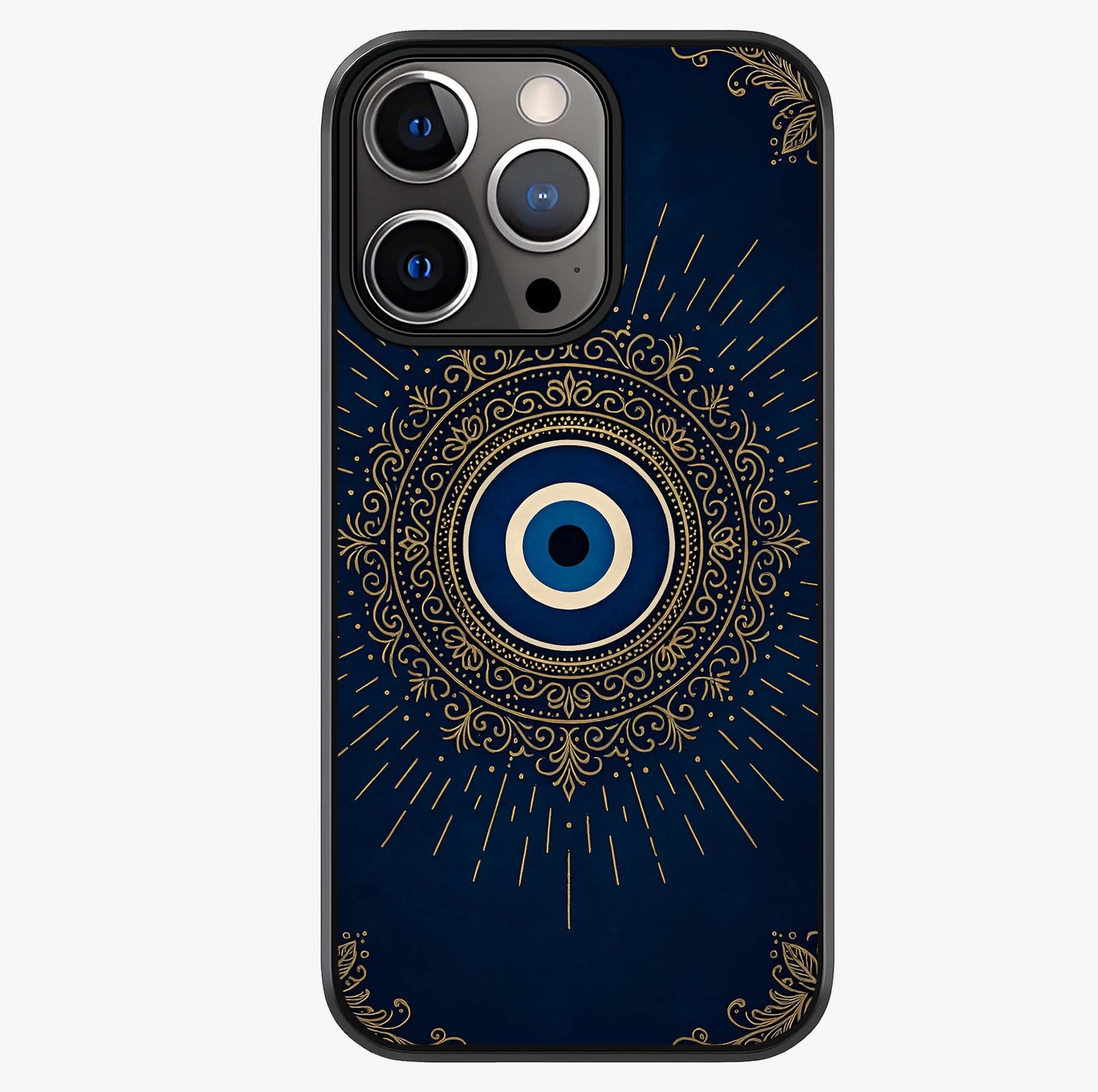 Golden Evil Eye Mandala Glass Case showing full back design in clean flat view with glossy glass finish.