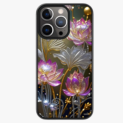Golden Lotus Glow Glass Case showing full back design in clean flat view with glossy glass finish.