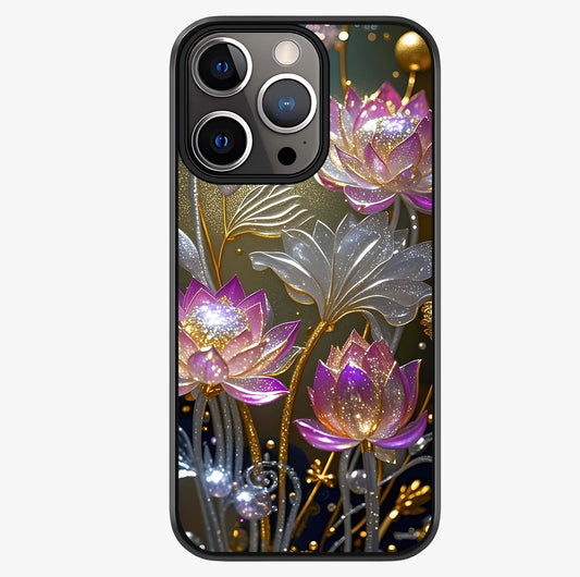 Golden Lotus Glow Glass Case showing full back design in clean flat view with glossy glass finish.