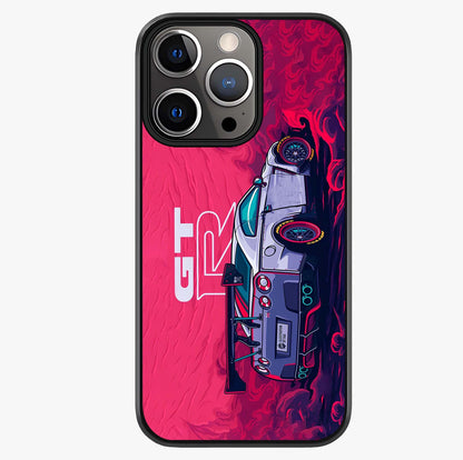 GT R Car Pattern Glass Case showing full back design in clean flat view with glossy glass finish.