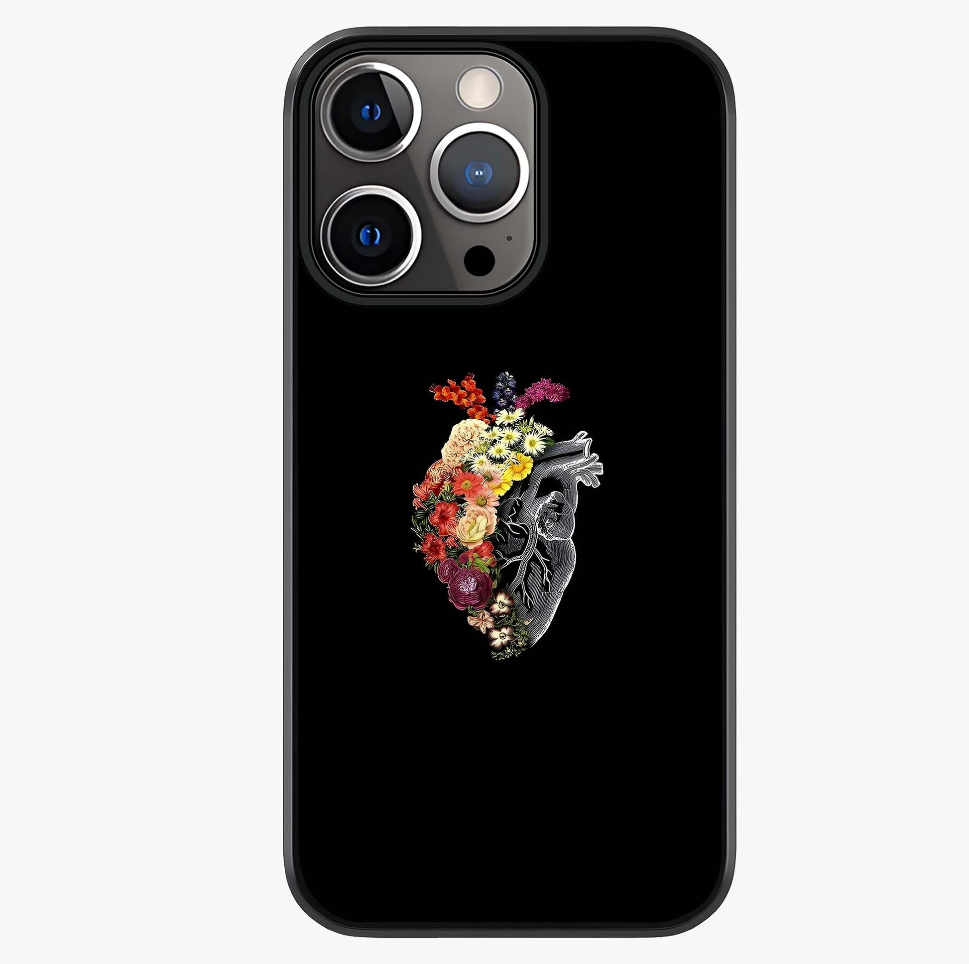 Heart With Flowers Glass Case showing full back design in clean flat view with glossy glass finish.