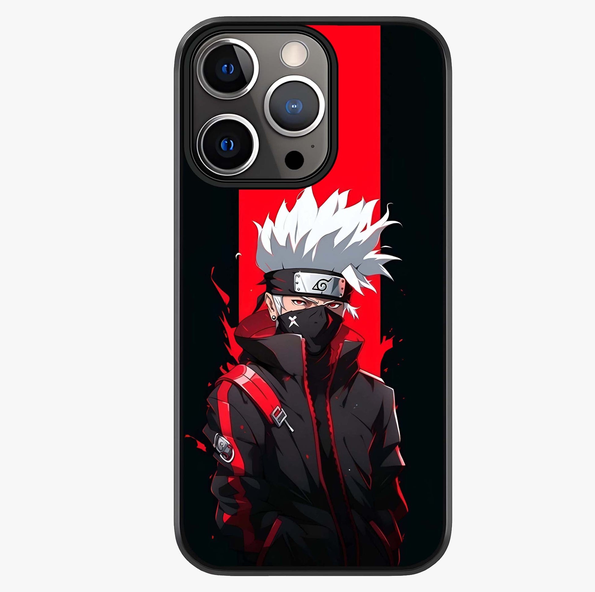 Kakashi Scarlet Shadow Glass Case showing full back design in clean flat view with glossy glass finish.
