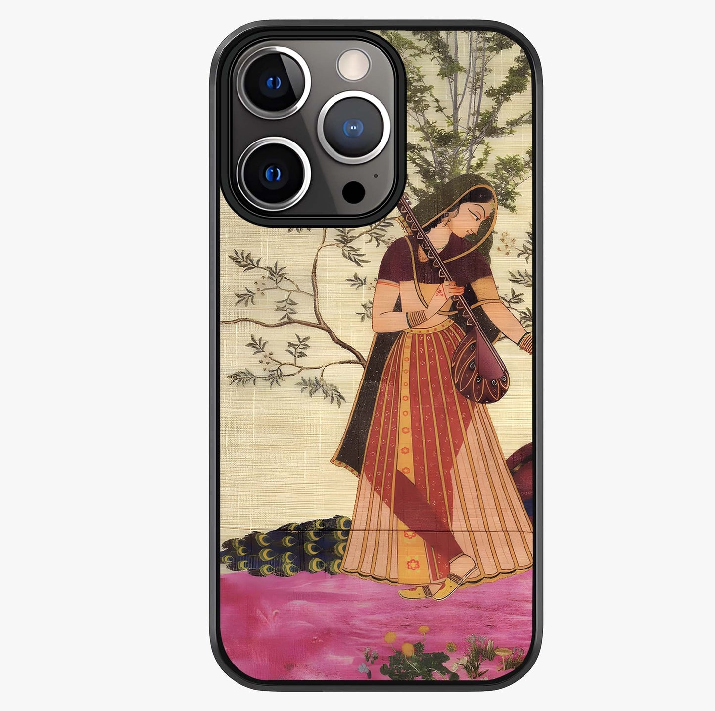 Lady With Veena Art Glass Case showing full back design in clean flat view with glossy glass finish.