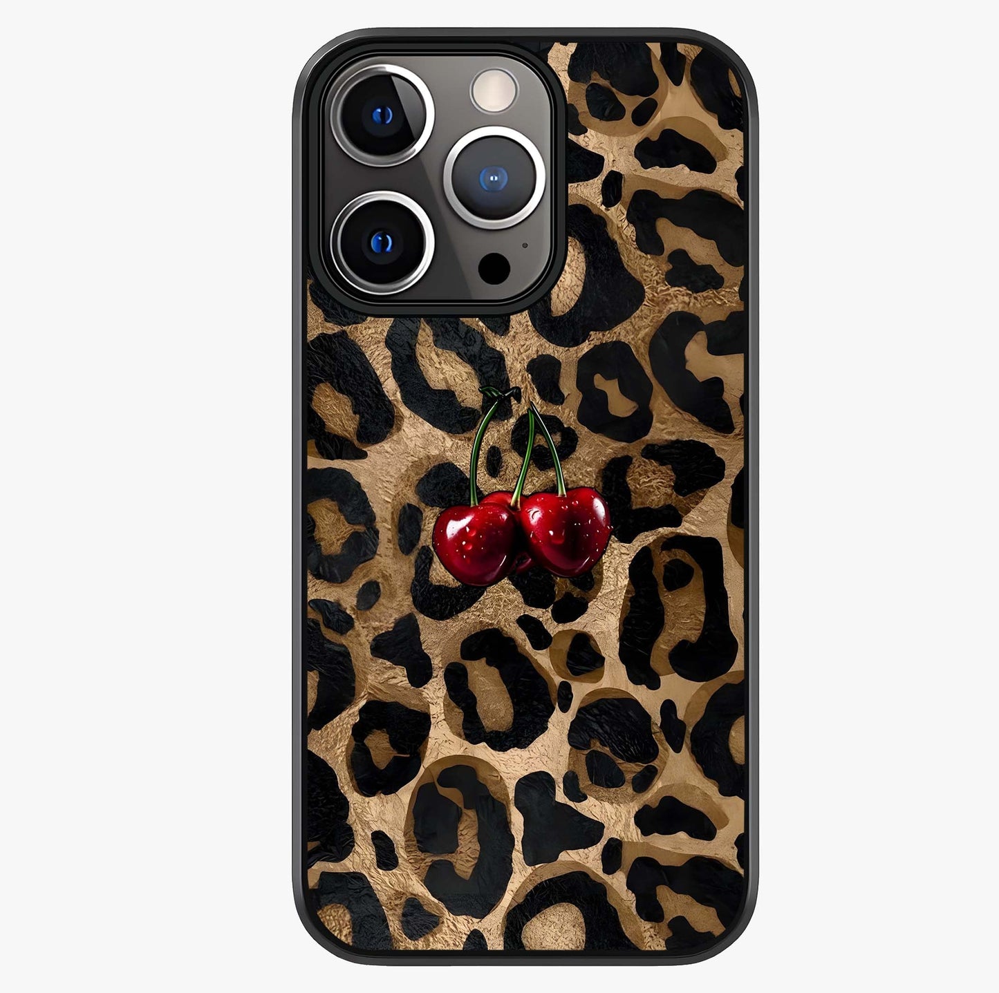 Leopard Wild Cherry Glass Case showing full back design in clean flat view with glossy glass finish.