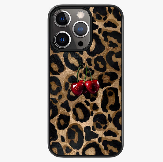 Leopard Wild Cherry Glass Case showing full back design in clean flat view with glossy glass finish.