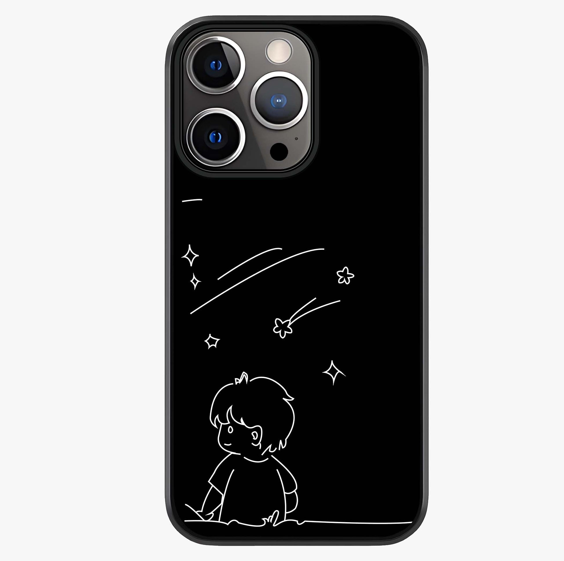 Line Art Boy With Shooting Stars Glass Case showing full back design in clean flat view with glossy glass finish.