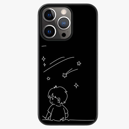 Line Art Boy With Shooting Stars Glass Case showing full back design in clean flat view with glossy glass finish.