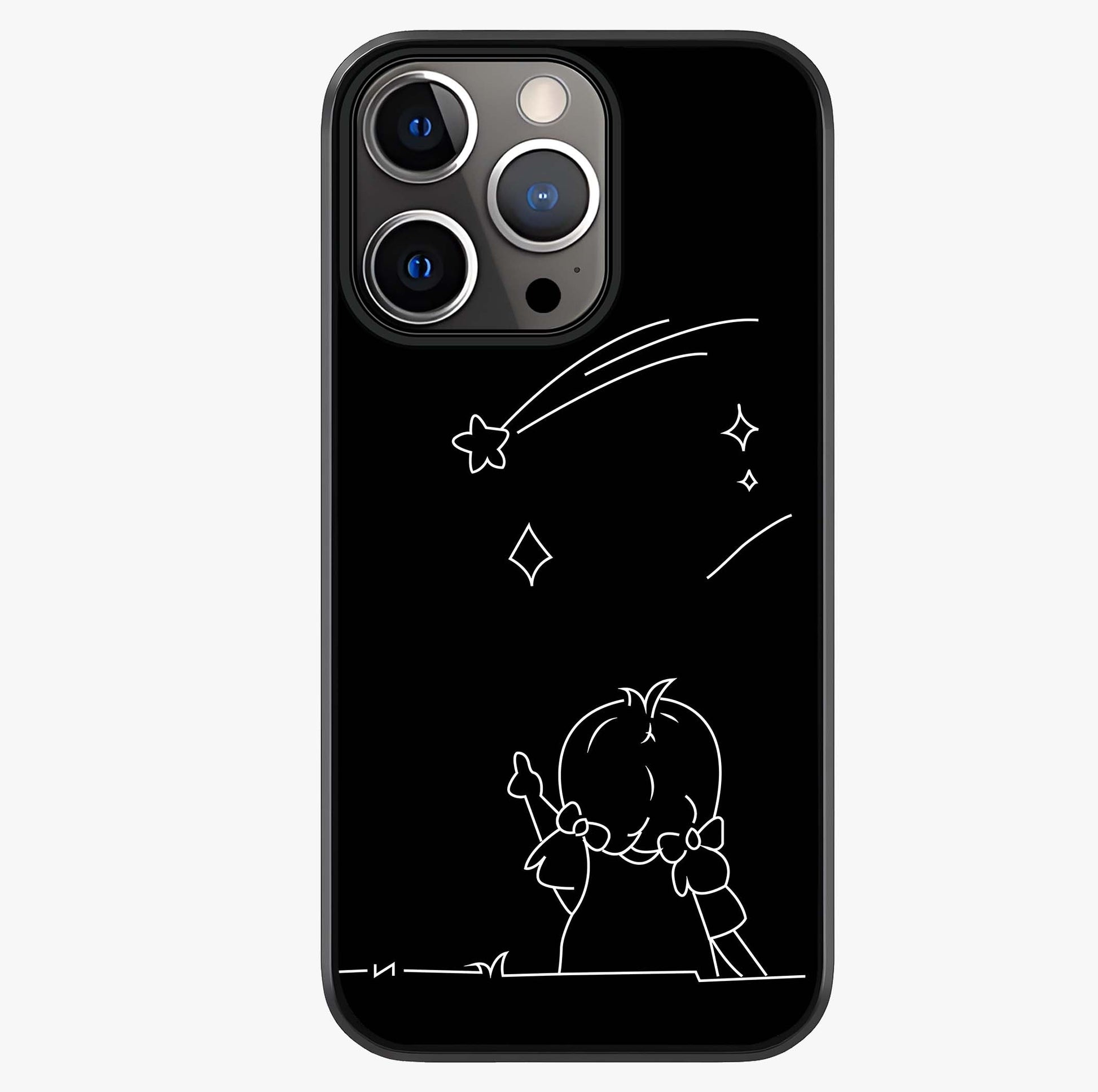 Line Art Girl With Shooting Stars Glass Case showing full back design in clean flat view with glossy glass finish.