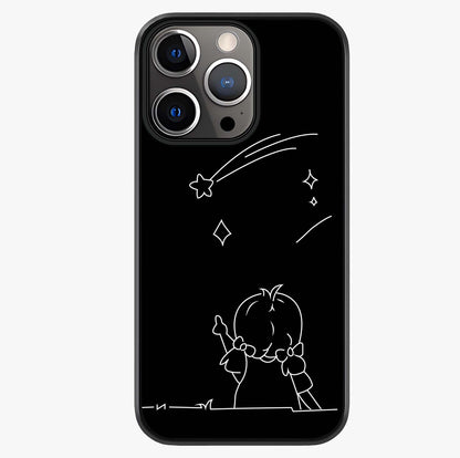 Line Art Girl With Shooting Stars Glass Case showing full back design in clean flat view with glossy glass finish.