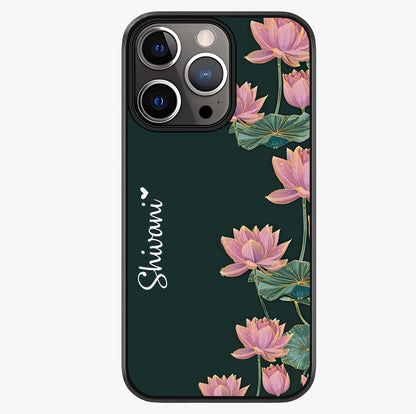 Lotus Bloom Serenity Custom Name Glass Case showing full back design in clean flat view with glossy glass finish.