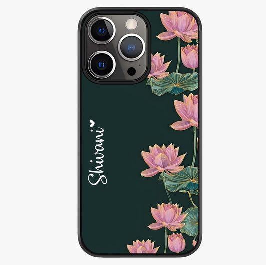 Lotus Bloom Serenity Custom Name Glass Case showing full back design in clean flat view with glossy glass finish.