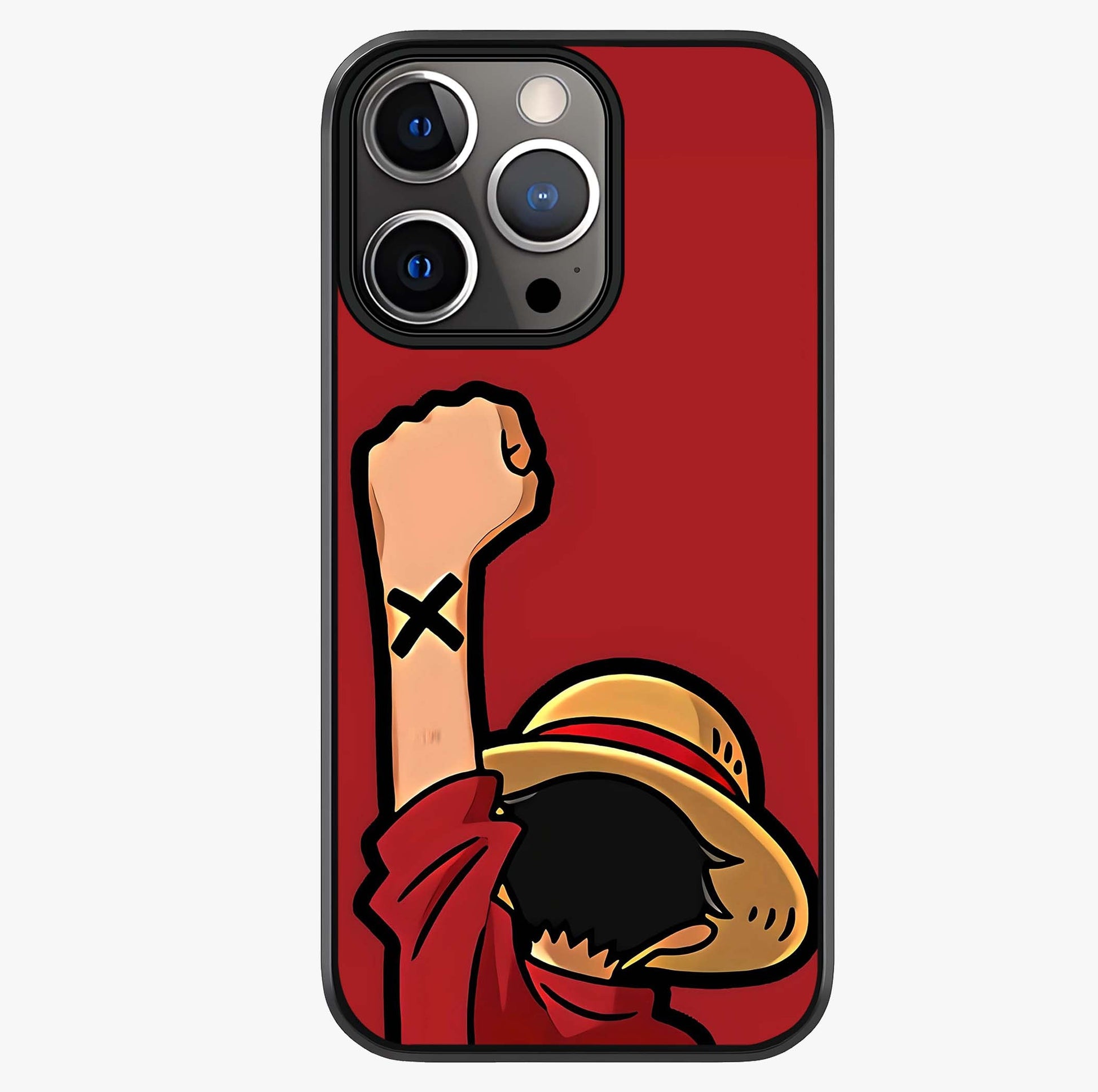 Luffy X Spirit Glass Case showing full back design in clean flat view with glossy glass finish.