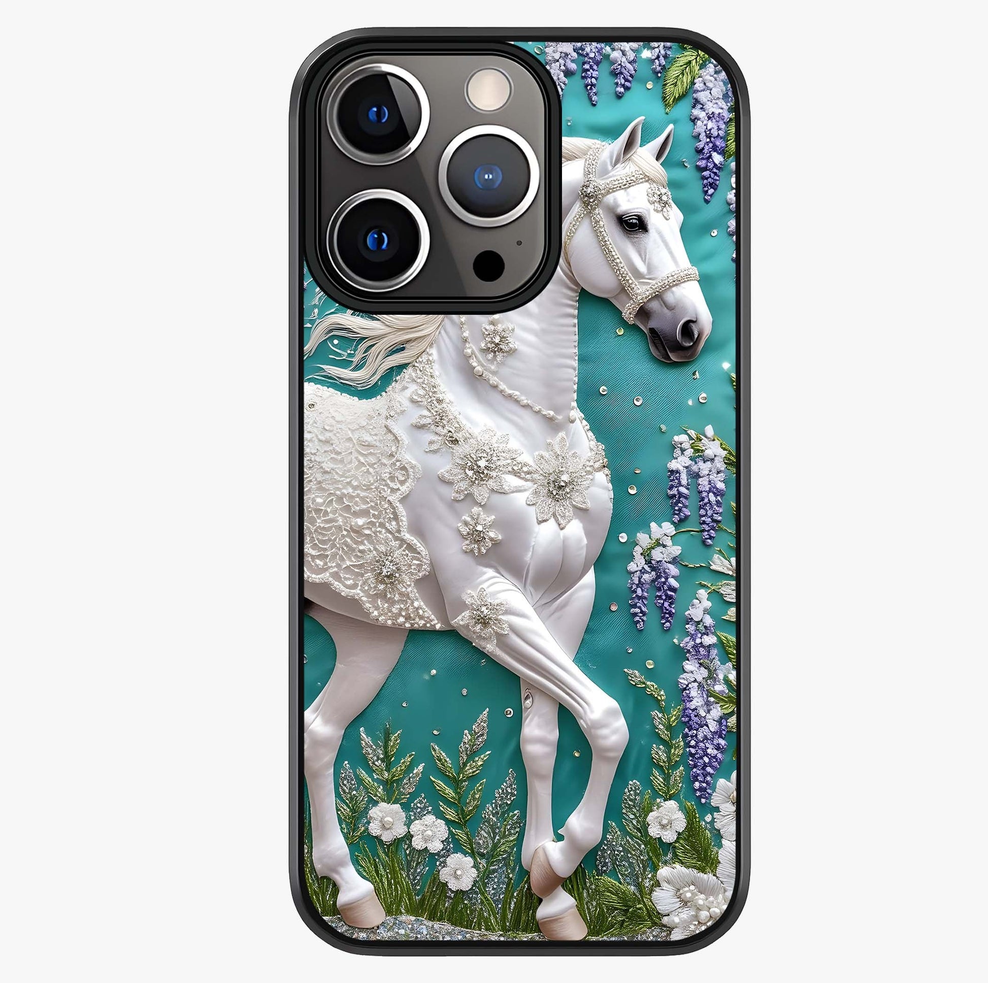 Majestic Floral Stallion Glass Case showing full back design in clean flat view with glossy glass finish.