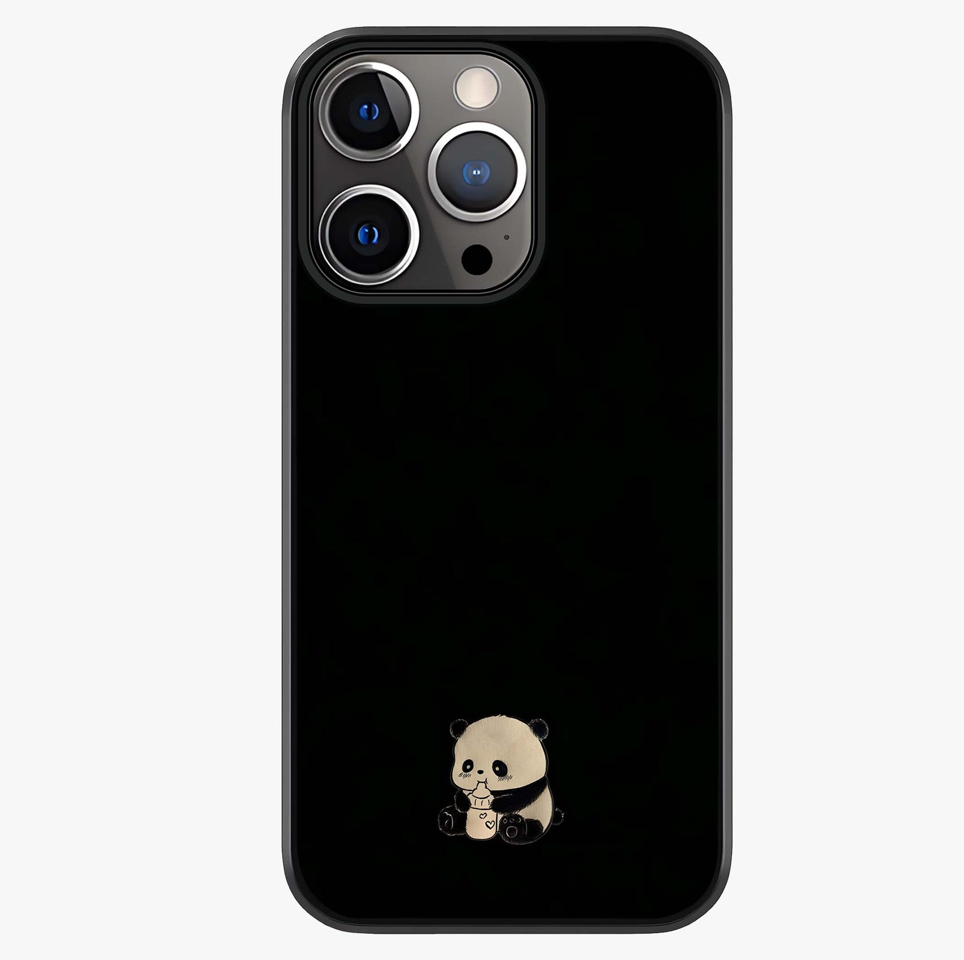 Midnight Panda Love Glass Case showing full back design in clean flat view with glossy glass finish.