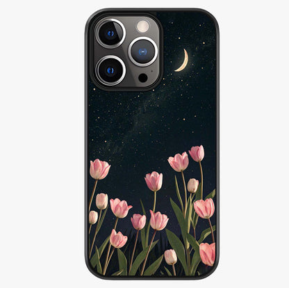 Midnight Tulip Whispers Vibe Glass Case showing full back design in clean flat view with glossy glass finish.