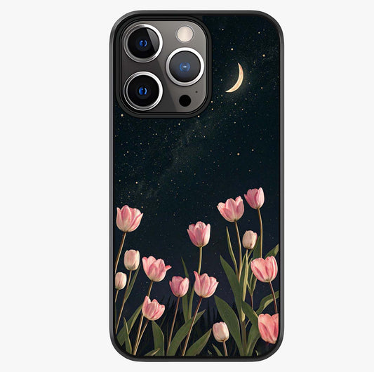 Midnight Tulip Whispers Vibe Glass Case showing full back design in clean flat view with glossy glass finish.