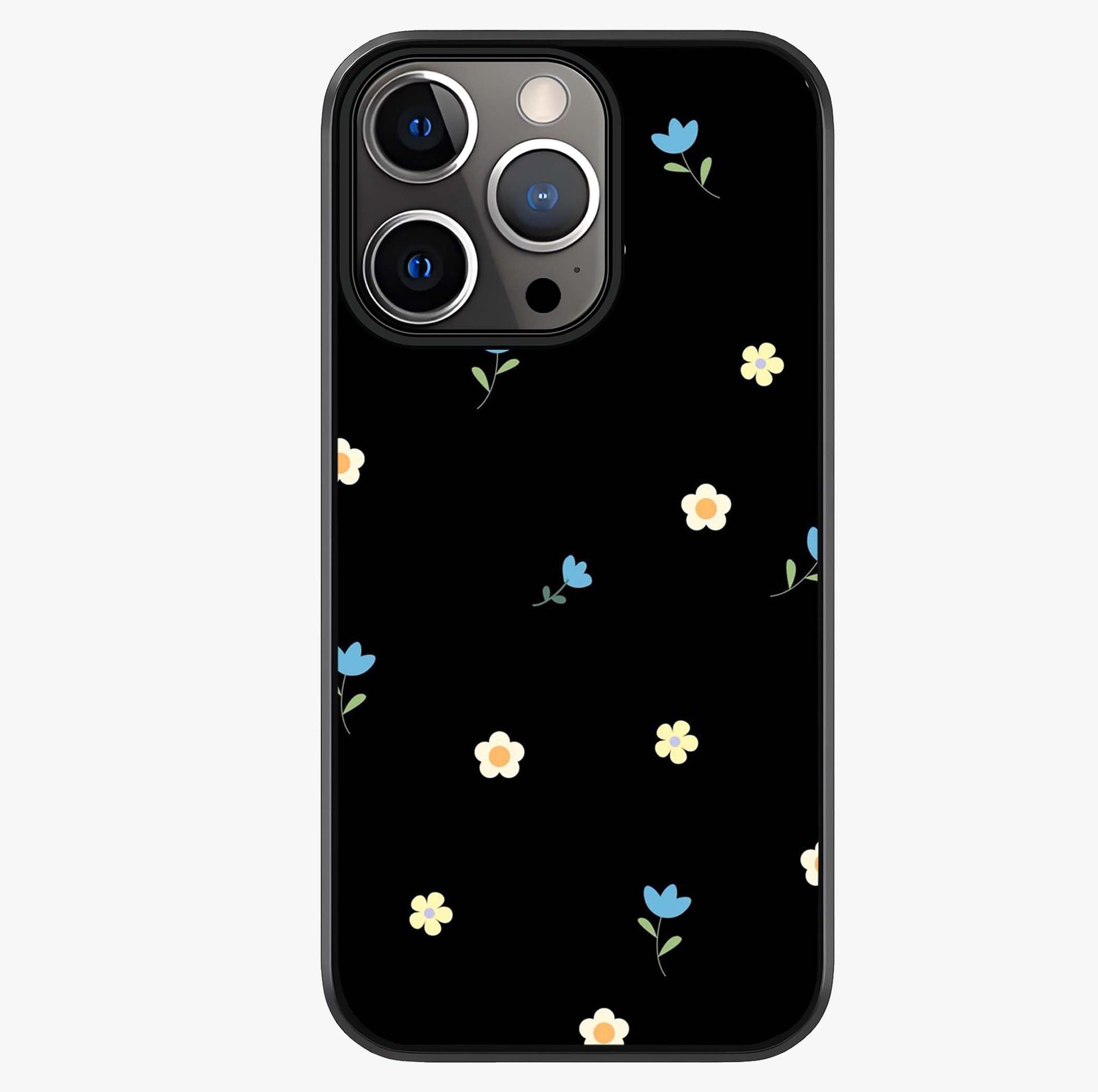 Minimalistic Blue With White Flower Pattern Glass Case showing full back design in clean flat view with glossy glass finish.