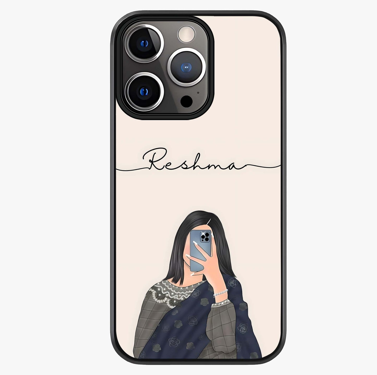 Mirror Mood Muse With Custom Name Glass Case showing full back design in clean flat view with glossy glass finish.